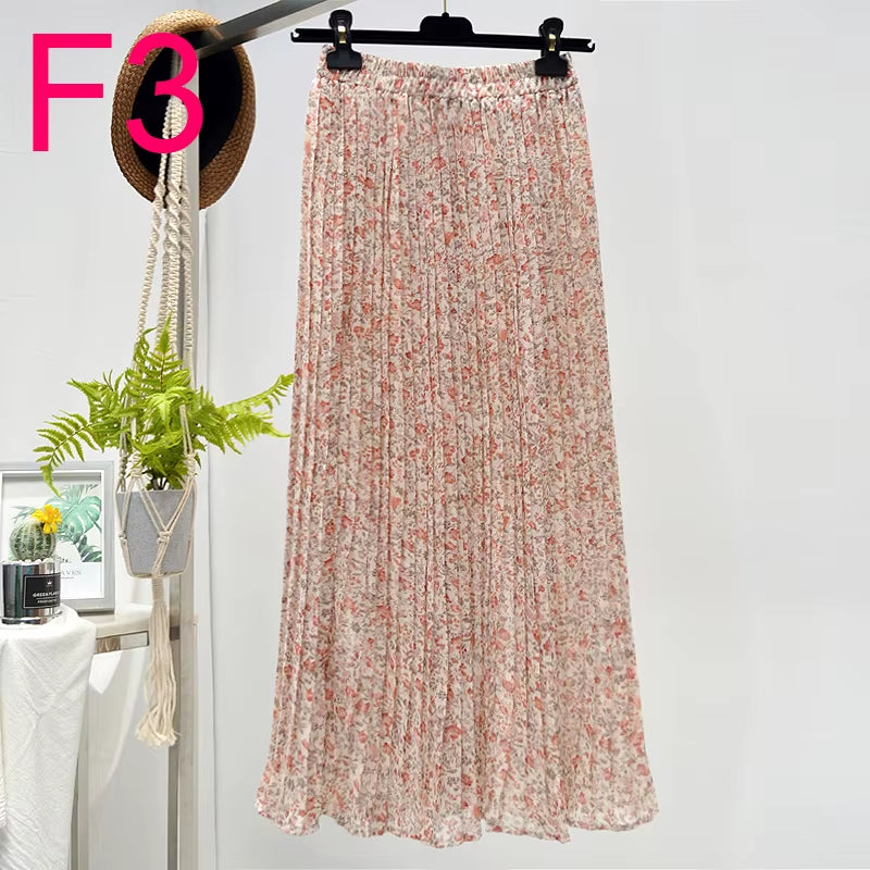 Summer Skirts Womens 2022 New Vintage Floral Print Chiffon Pleated Skirt Elastic High Waist Casual Midi Skirt Women Clothes Jupe