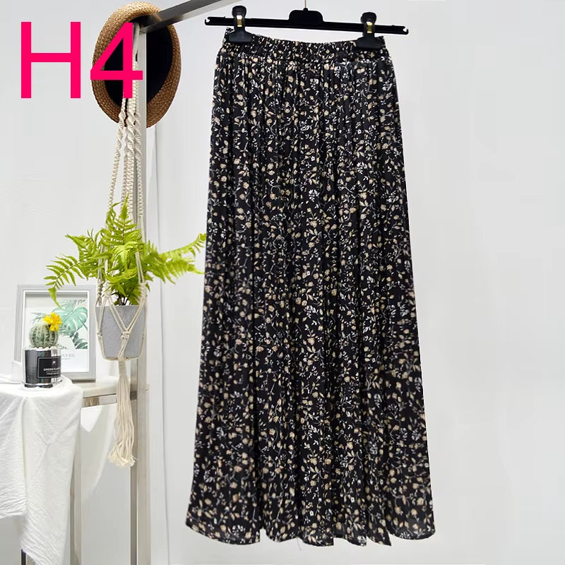 Summer Skirts Womens 2022 New Vintage Floral Print Chiffon Pleated Skirt Elastic High Waist Casual Midi Skirt Women Clothes Jupe