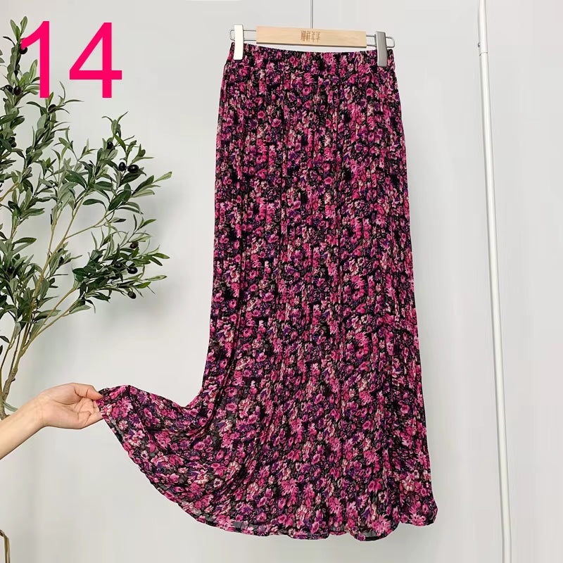 Summer Skirts Womens 2022 New Vintage Floral Print Chiffon Pleated Skirt Elastic High Waist Casual Midi Skirt Women Clothes Jupe