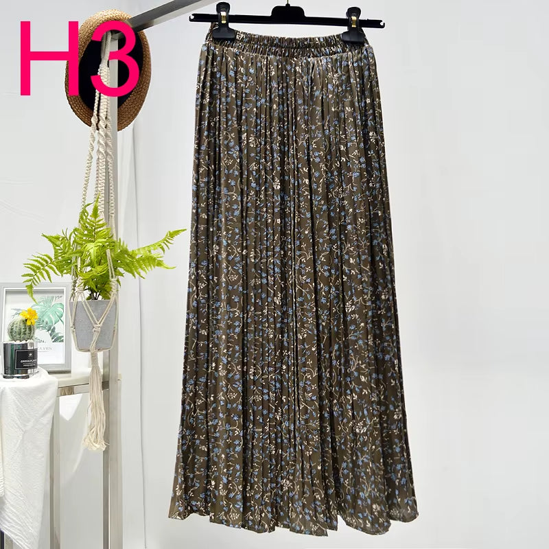 Summer Skirts Womens 2022 New Vintage Floral Print Chiffon Pleated Skirt Elastic High Waist Casual Midi Skirt Women Clothes Jupe