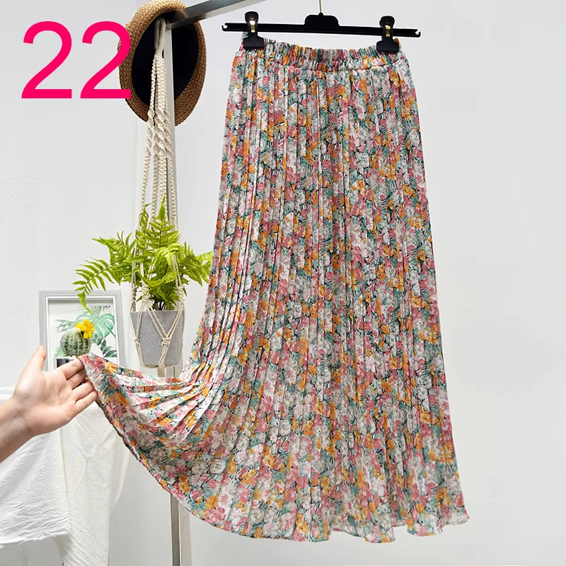 Summer Skirts Womens 2022 New Vintage Floral Print Chiffon Pleated Skirt Elastic High Waist Casual Midi Skirt Women Clothes Jupe