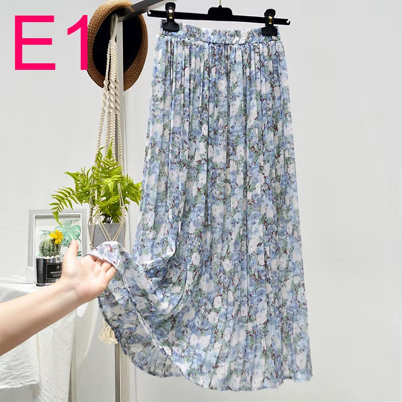 Summer Skirts Womens 2022 New Vintage Floral Print Chiffon Pleated Skirt Elastic High Waist Casual Midi Skirt Women Clothes Jupe