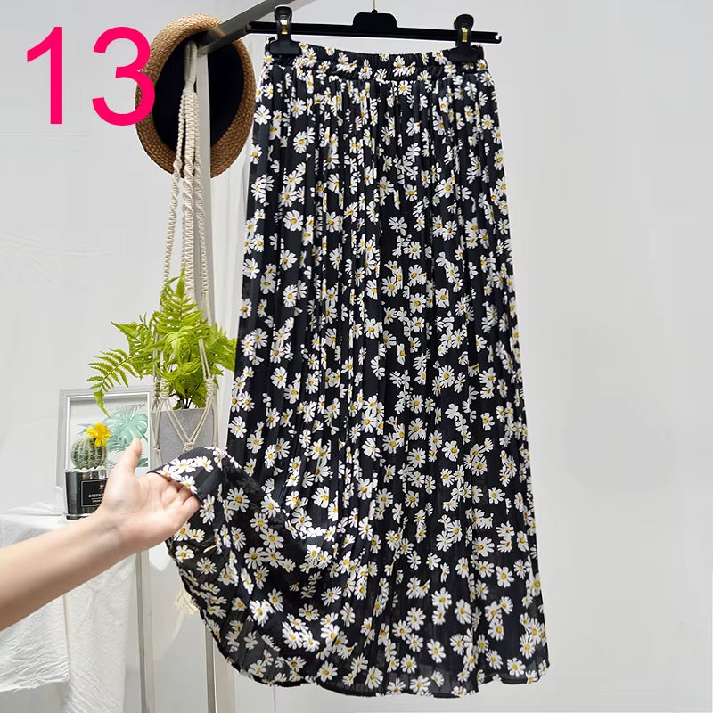 Summer Skirts Womens 2022 New Vintage Floral Print Chiffon Pleated Skirt Elastic High Waist Casual Midi Skirt Women Clothes Jupe