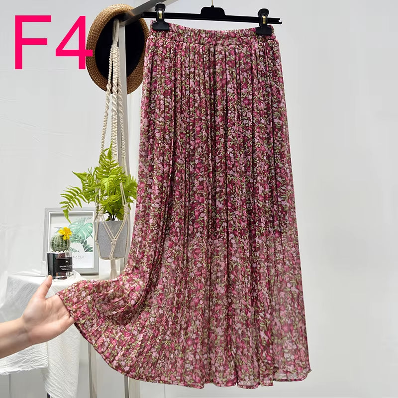 Summer Skirts Womens 2022 New Vintage Floral Print Chiffon Pleated Skirt Elastic High Waist Casual Midi Skirt Women Clothes Jupe