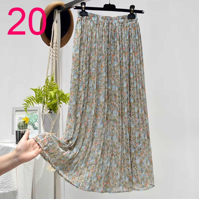 Summer Skirts Womens 2022 New Vintage Floral Print Chiffon Pleated Skirt Elastic High Waist Casual Midi Skirt Women Clothes Jupe