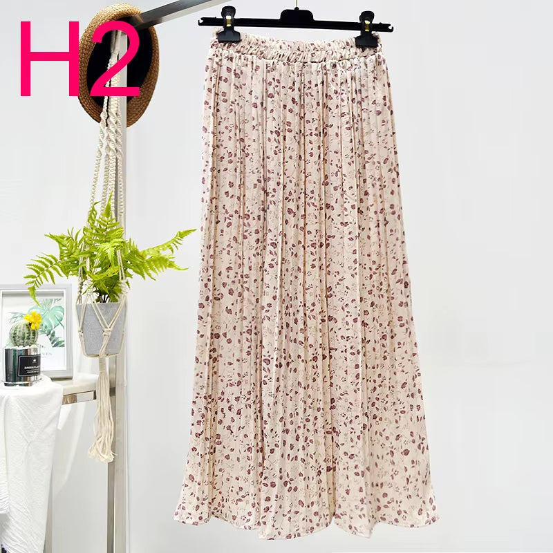 Summer Skirts Womens 2022 New Vintage Floral Print Chiffon Pleated Skirt Elastic High Waist Casual Midi Skirt Women Clothes Jupe