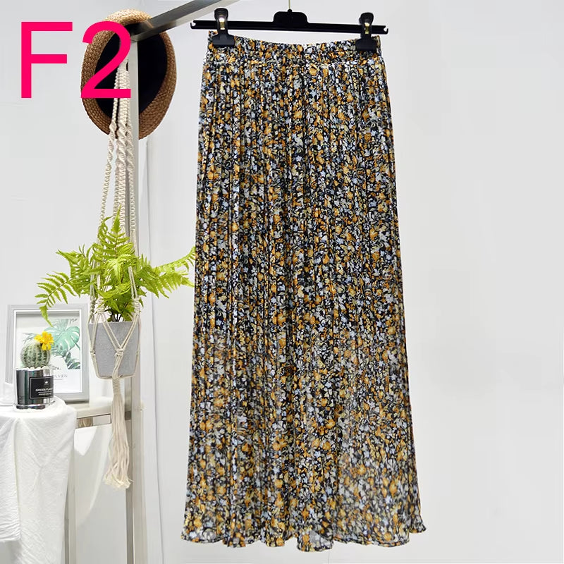 Summer Skirts Womens 2022 New Vintage Floral Print Chiffon Pleated Skirt Elastic High Waist Casual Midi Skirt Women Clothes Jupe