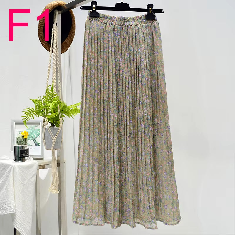 Summer Skirts Womens 2022 New Vintage Floral Print Chiffon Pleated Skirt Elastic High Waist Casual Midi Skirt Women Clothes Jupe