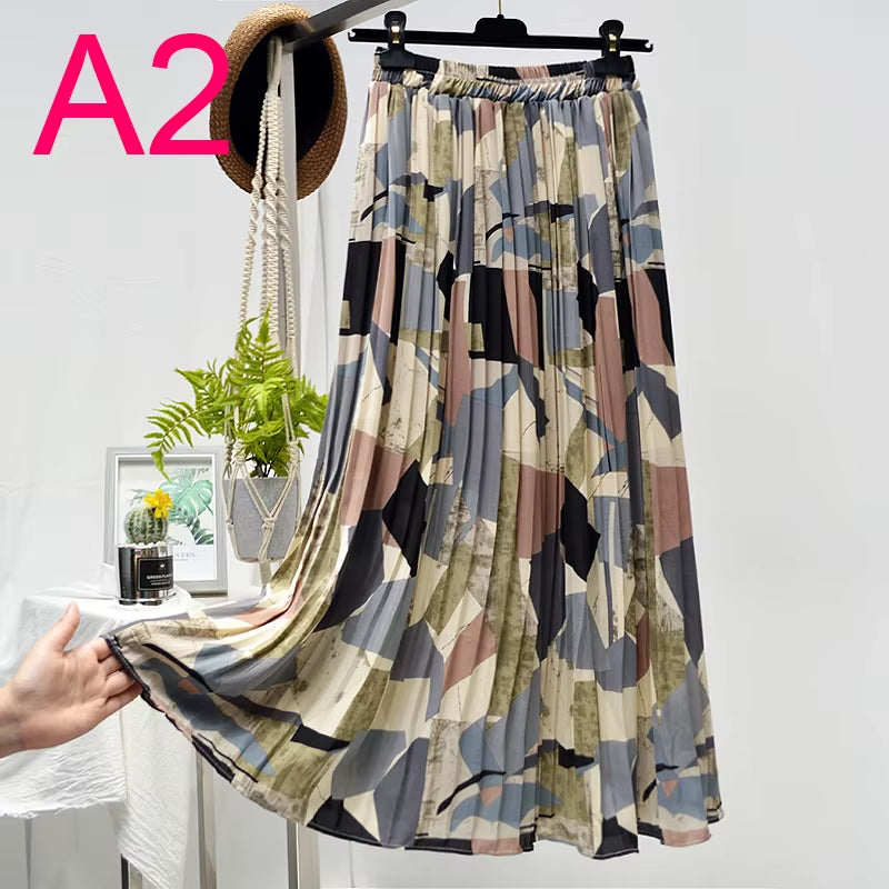 Summer Skirts Womens 2022 New Vintage Floral Print Chiffon Pleated Skirt Elastic High Waist Casual Midi Skirt Women Clothes Jupe