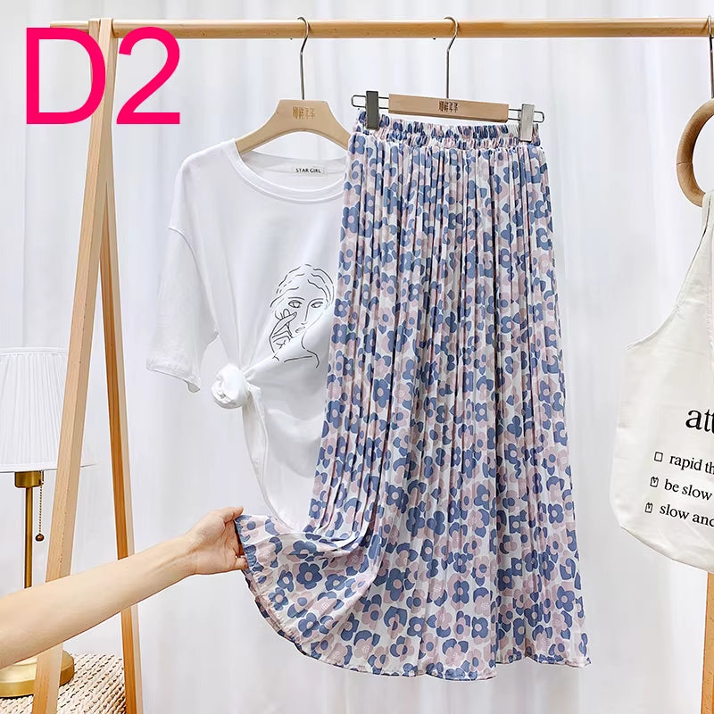 Summer Skirts Womens 2022 New Vintage Floral Print Chiffon Pleated Skirt Elastic High Waist Casual Midi Skirt Women Clothes Jupe