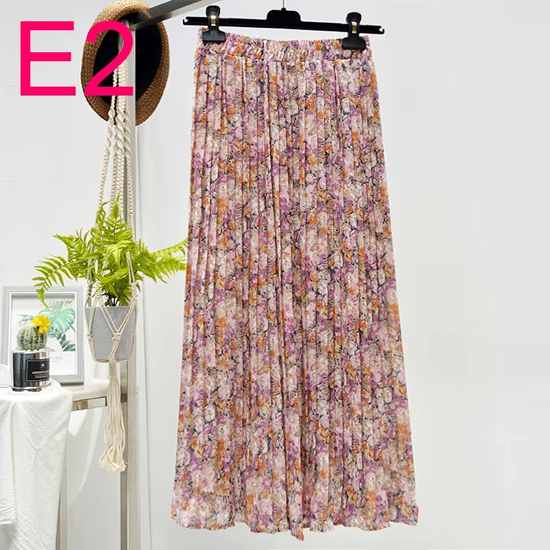 Summer Skirts Womens 2022 New Vintage Floral Print Chiffon Pleated Skirt Elastic High Waist Casual Midi Skirt Women Clothes Jupe