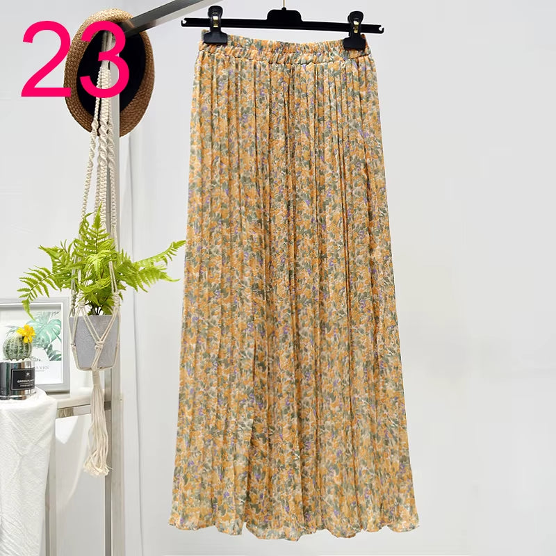 Summer Skirts Womens 2022 New Vintage Floral Print Chiffon Pleated Skirt Elastic High Waist Casual Midi Skirt Women Clothes Jupe