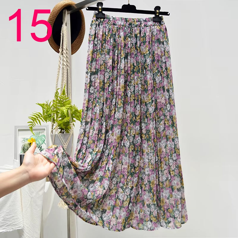 Summer Skirts Womens 2022 New Vintage Floral Print Chiffon Pleated Skirt Elastic High Waist Casual Midi Skirt Women Clothes Jupe