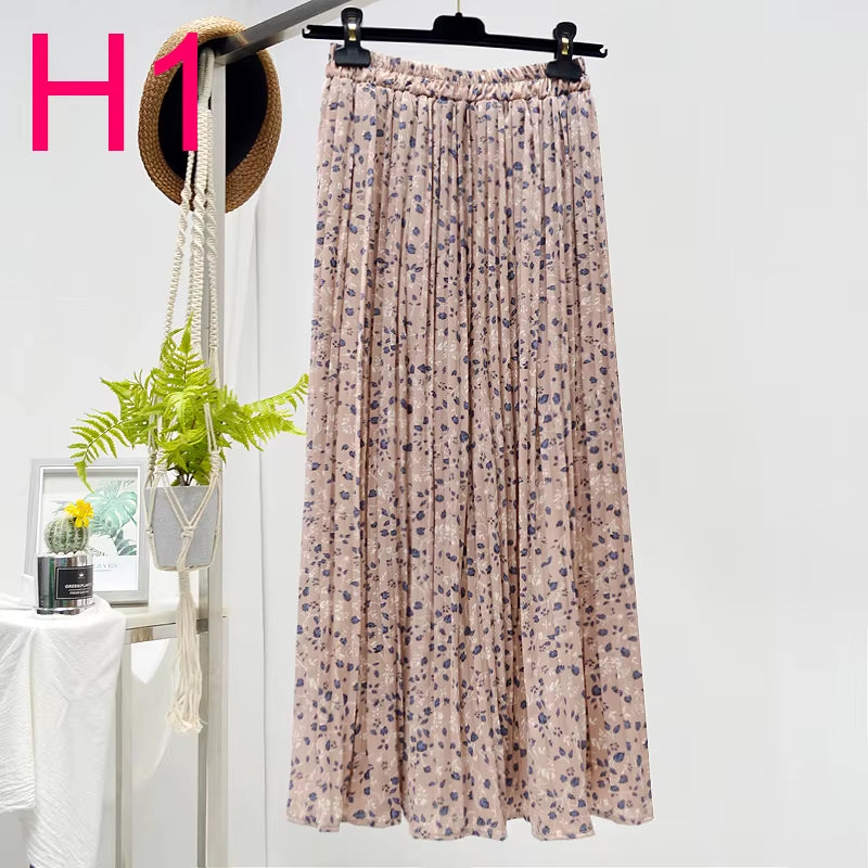 Summer Skirts Womens 2022 New Vintage Floral Print Chiffon Pleated Skirt Elastic High Waist Casual Midi Skirt Women Clothes Jupe