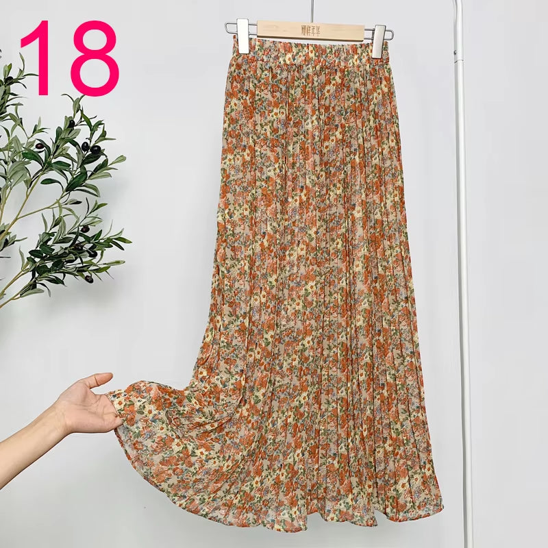 Summer Skirts Womens 2022 New Vintage Floral Print Chiffon Pleated Skirt Elastic High Waist Casual Midi Skirt Women Clothes Jupe