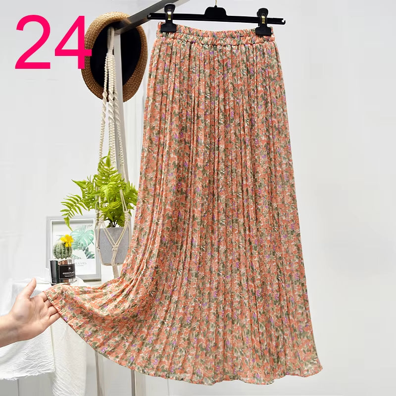 Summer Skirts Womens 2022 New Vintage Floral Print Chiffon Pleated Skirt Elastic High Waist Casual Midi Skirt Women Clothes Jupe