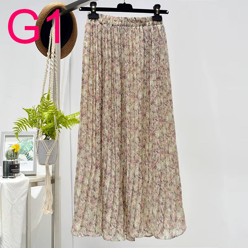 Summer Skirts Womens 2022 New Vintage Floral Print Chiffon Pleated Skirt Elastic High Waist Casual Midi Skirt Women Clothes Jupe