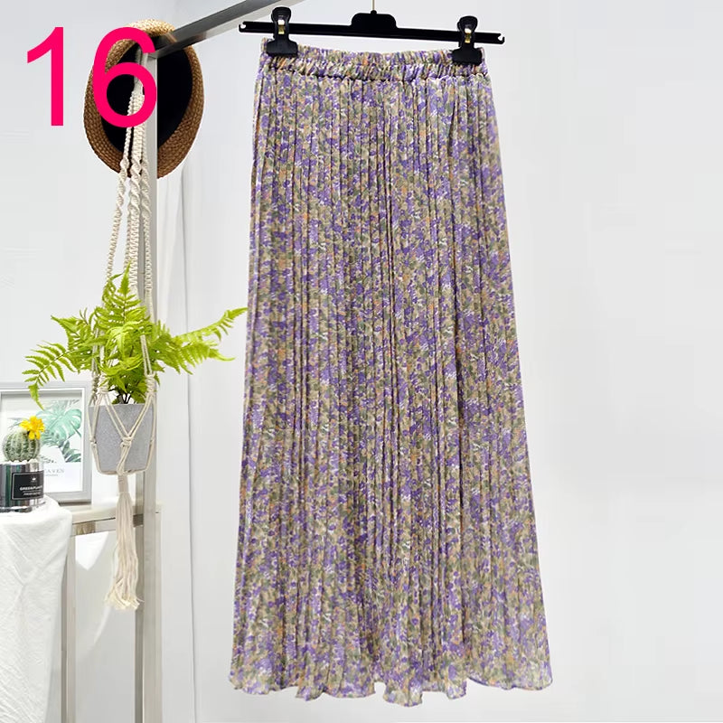 Summer Skirts Womens 2022 New Vintage Floral Print Chiffon Pleated Skirt Elastic High Waist Casual Midi Skirt Women Clothes Jupe